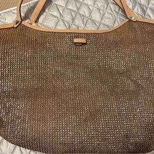 Stella & Dot Brown Woven Tote with Tan Trim
